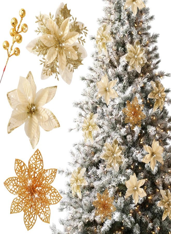 Floweroyal 30pcs Poinsettia Artificial Christmas Flowers Decorations with Clips and Berry Stems Glitter Ornaments for Christmas Tree Wreath Fireplace Stairs Decor (Gold-3 Styles) - Image 1