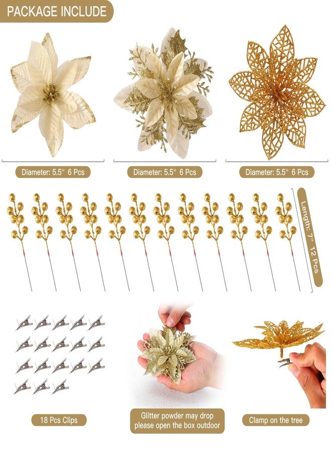 Floweroyal 30pcs Poinsettia Artificial Christmas Flowers Decorations with Clips and Berry Stems Glitter Ornaments for Christmas Tree Wreath Fireplace Stairs Decor (Gold-3 Styles) - Image 2