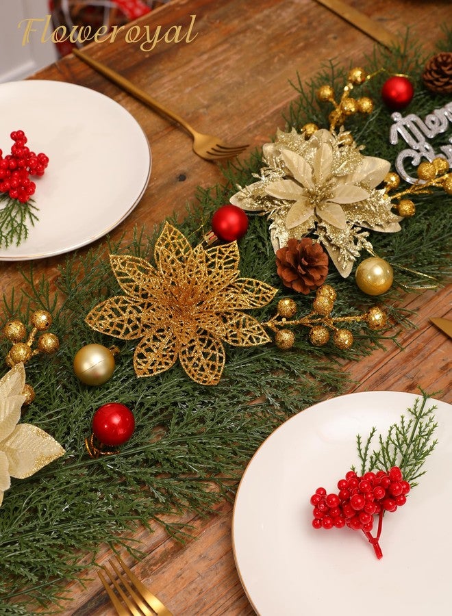 Floweroyal 30pcs Poinsettia Artificial Christmas Flowers Decorations with Clips and Berry Stems Glitter Ornaments for Christmas Tree Wreath Fireplace Stairs Decor (Gold-3 Styles) - Image 4
