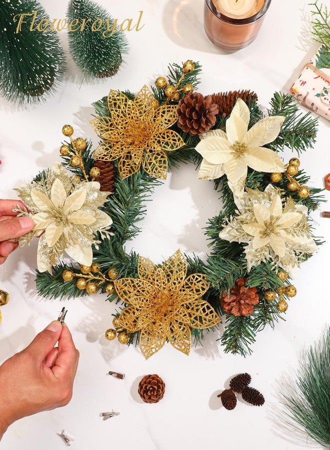 Floweroyal 30pcs Poinsettia Artificial Christmas Flowers Decorations with Clips and Berry Stems Glitter Ornaments for Christmas Tree Wreath Fireplace Stairs Decor (Gold-3 Styles) - Image 3