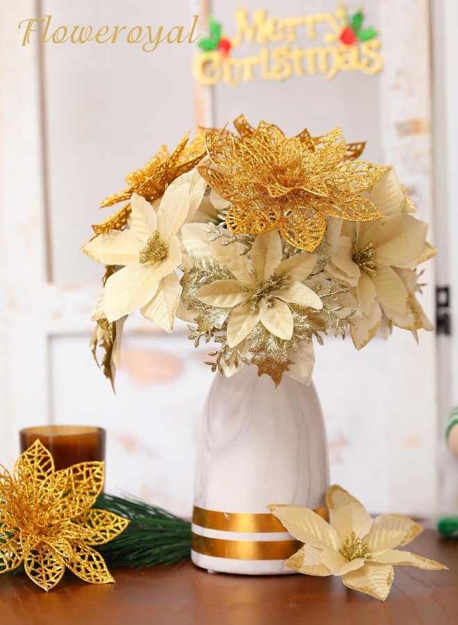 Floweroyal 30pcs Poinsettia Artificial Christmas Flowers Decorations with Clips and Berry Stems Glitter Ornaments for Christmas Tree Wreath Fireplace Stairs Decor (Gold-3 Styles) - Image 5