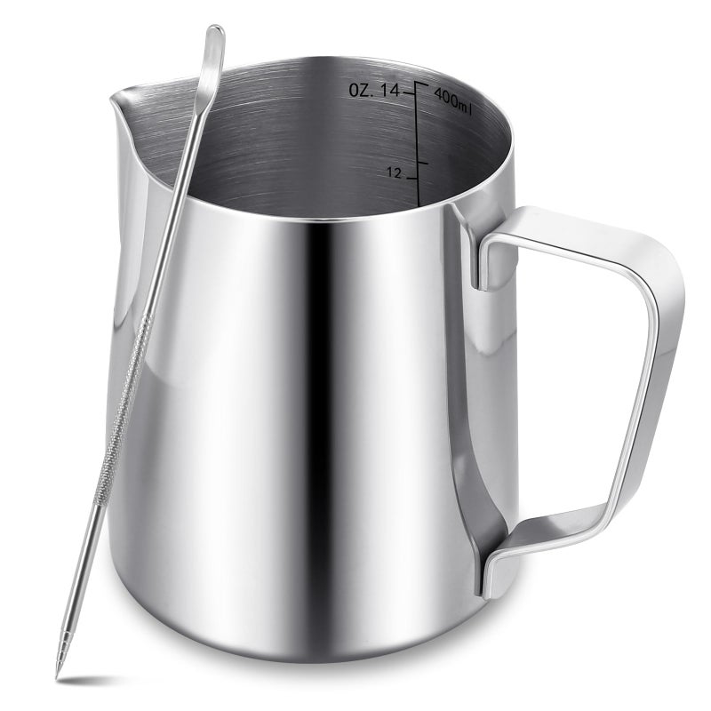 Milk Frother Jug400ml14oz Milk Jug with Latte Decorating Art PenMetal Barista Milk Frothing Pitcher Cup for Coffee MachineSilver