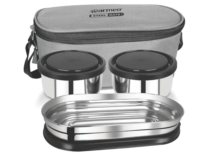 PRIME EXECUTIVE COMBO LUNCH BOX WITH INSULATED FABRIC JACKET 2 ROUND CONTAINERS 300 ML EACH 1 OVAL CONTAINER 450 ML BLACK EASY TO CARRY LEAK PROOF HOT FOOD