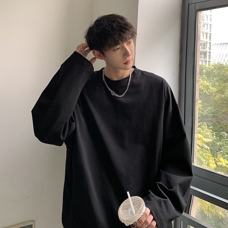Solid Color T-shirt Mens Four Seasons Thin Trendy Brand Youth Loose Long-sleeved Sweatshirt Spring and Autumn Heavy Inner Top for Boys Black - Image 1