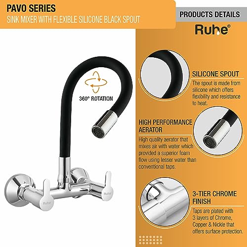 Ruhe® Pavo Sink Mixer Flexible Spout Faucet/Tap | (Foam Flow Function) 20Inch Double Lever Sink Mixer Flexible Silicon Black Spout Faucet/Tap | Wall Mount | Chrome Finish for Kitchen Sinks & Bathrooms - Image 3