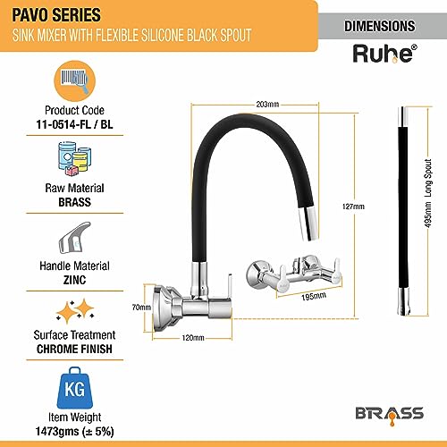 Ruhe® Pavo Sink Mixer Flexible Spout Faucet/Tap | (Foam Flow Function) 20Inch Double Lever Sink Mixer Flexible Silicon Black Spout Faucet/Tap | Wall Mount | Chrome Finish for Kitchen Sinks & Bathrooms - Image 2