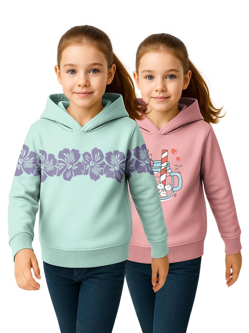 HELLCAT Trendy Cotton Blend Hoodie Sweatshirt for Girls - Pack of 2_Mint Green, Pink_11-12Years - Image 1