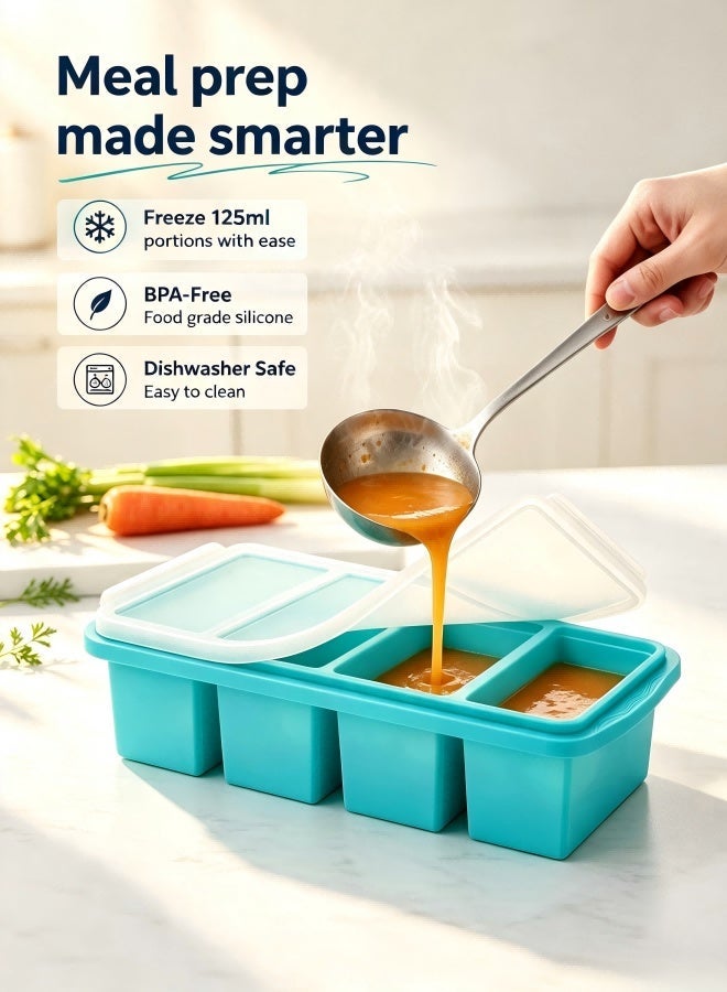 Silicone Freezer Tray for Soups & Portioned Meals - 4-Compartment Molds with Lids for Meal Prep - 125ml Portions - Grey Blue & Mint Green- 2-Pack - Image 1