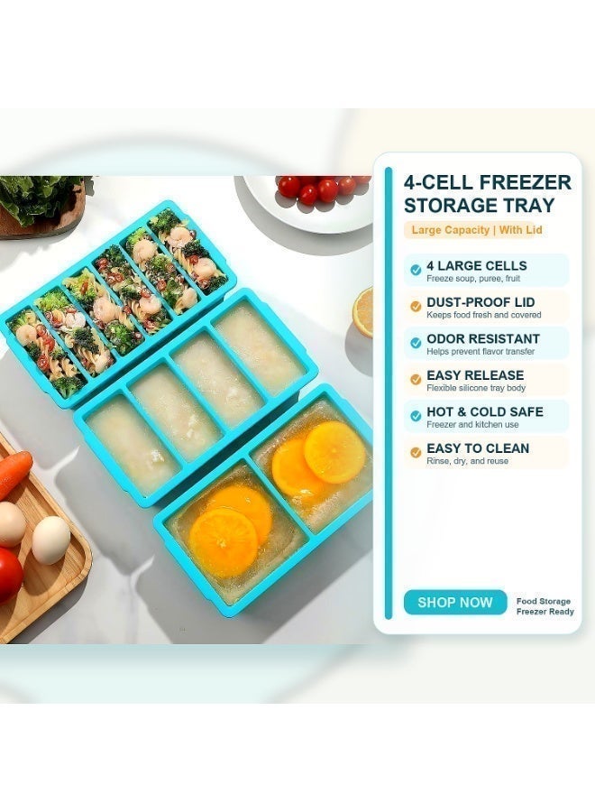 Silicone Freezer Tray for Soups & Portioned Meals - 4-Compartment Molds with Lids for Meal Prep - 125ml Portions - Grey Blue & Mint Green- 2-Pack - Image 2