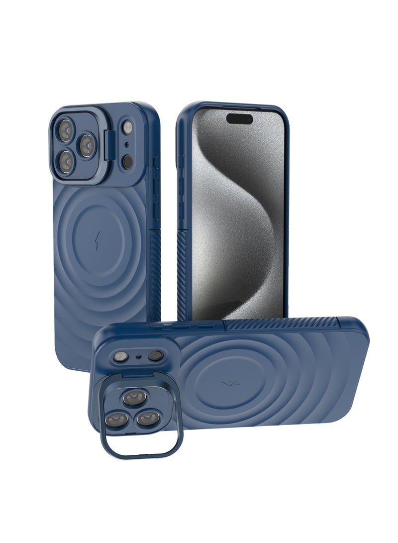 غطاء حمايه لهاتف ايفون 17 برو ماكس جراب ارمور مغناطيسي ياتي بحواف مرتفعة حول الشاشة وعدسة الكاميرا تساعد على منع الخدوش معا استاند للكاميرا - ازرق - Image 1