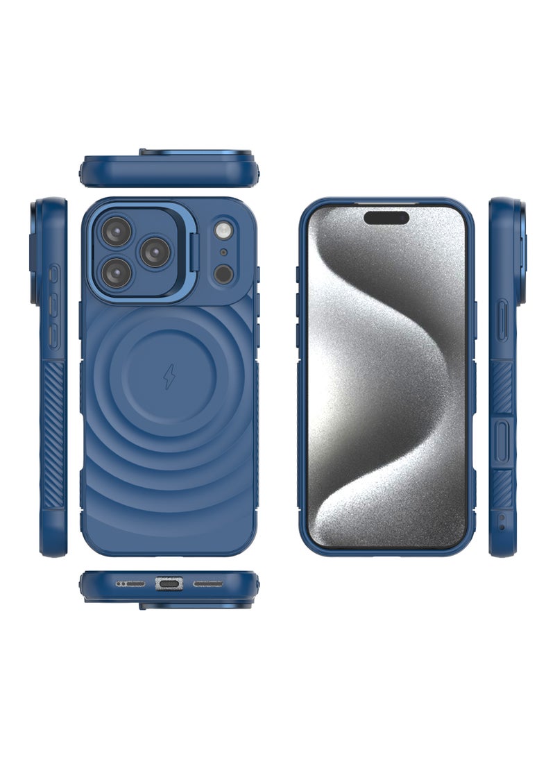 غطاء حمايه لهاتف ايفون 17 برو ماكس جراب ارمور مغناطيسي ياتي بحواف مرتفعة حول الشاشة وعدسة الكاميرا تساعد على منع الخدوش معا استاند للكاميرا - ازرق - Image 2