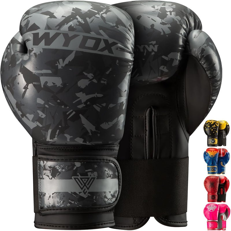 WYOX Kids Boxing Gloves 4oz 6oz 8oz â€“ Youth Punching Gloves for Ages 3â€“15 â€“ Sparring Gloves for Punching Bag, Kickboxing, Muay Thai, MMA â€“ Boxing Gloves for Kids Training Set (Grey Camo, 6 oz) - Image 1