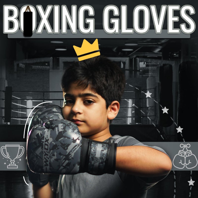 WYOX Kids Boxing Gloves 4oz 6oz 8oz â€“ Youth Punching Gloves for Ages 3â€“15 â€“ Sparring Gloves for Punching Bag, Kickboxing, Muay Thai, MMA â€“ Boxing Gloves for Kids Training Set (Grey Camo, 6 oz) - Image 5