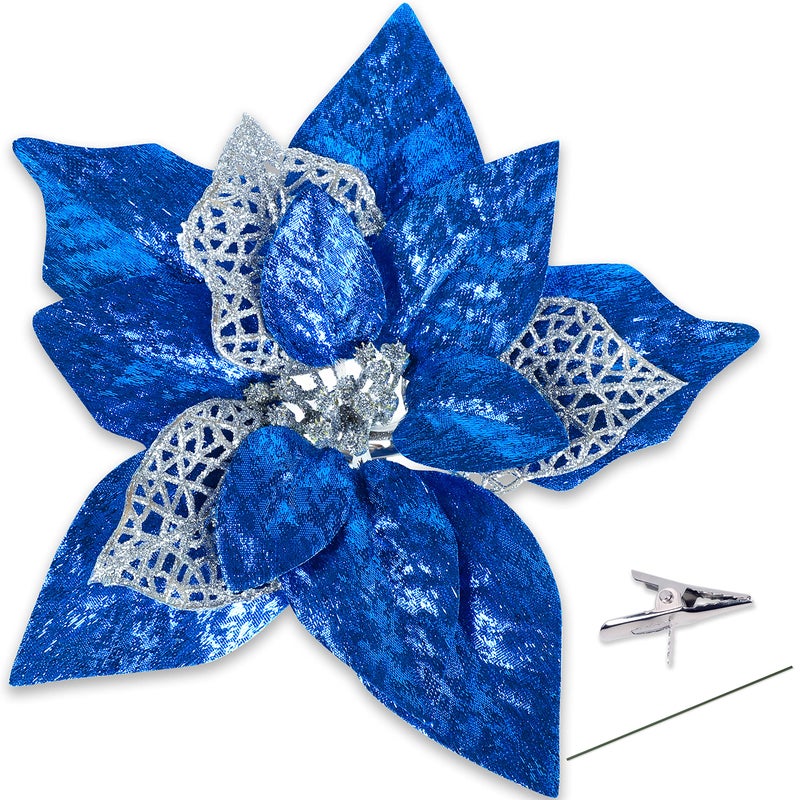 15PCS Christmas Tree Decorations Poinsettias Artificial Flowers Ornaments Large Size 87 Xmas Glitter Flower with Clips Plus StemsBlue