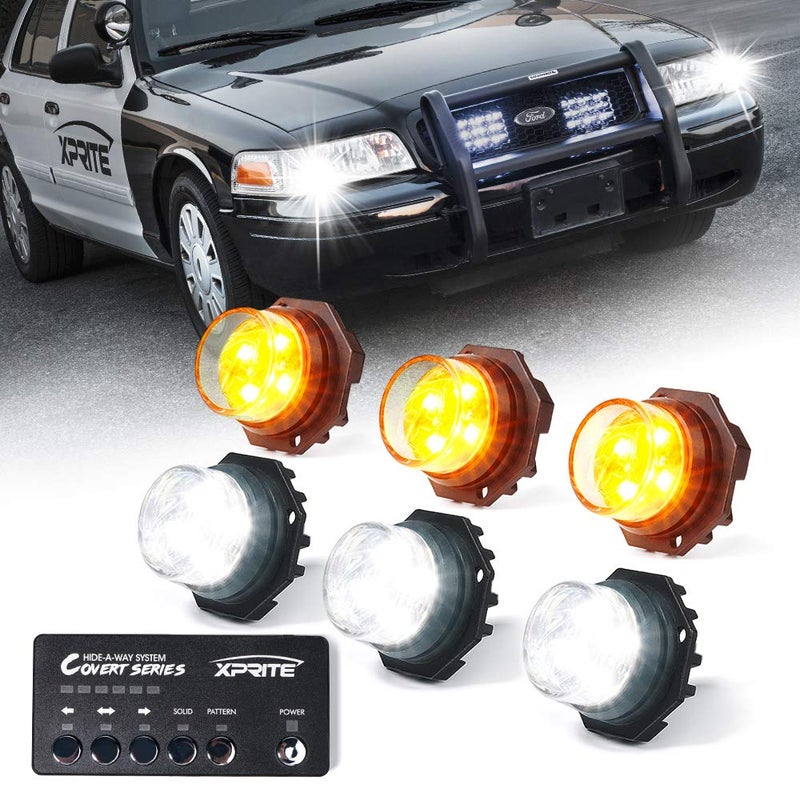 Xprite White Amber LED Hideaway Strobe Lights Kit 20 Flashing Patterns wControl Panel Headlights Taillights Fog Marker Light Mounting for Construction Emergency Vehicles Trucks SUV Vans Cars 6 PCs