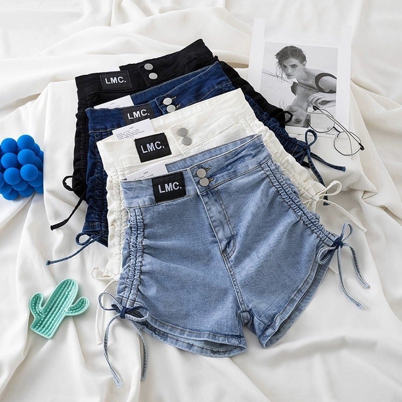 Leather Brand Drawstring Lace Pure Pants High Waist Ultra-Short Denim Shorts Women'S Korean Style Spring And Arrival Word All-Match - Image 4