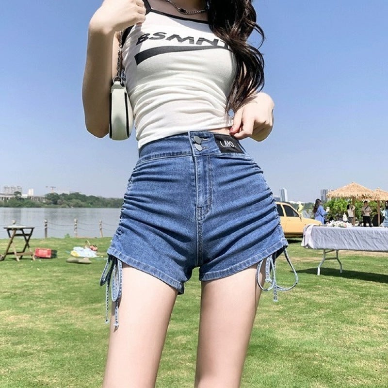 Leather Brand Drawstring Lace Pure Pants High Waist Ultra-Short Denim Shorts Women'S Korean Style Spring And Arrival Word All-Match - Image 1