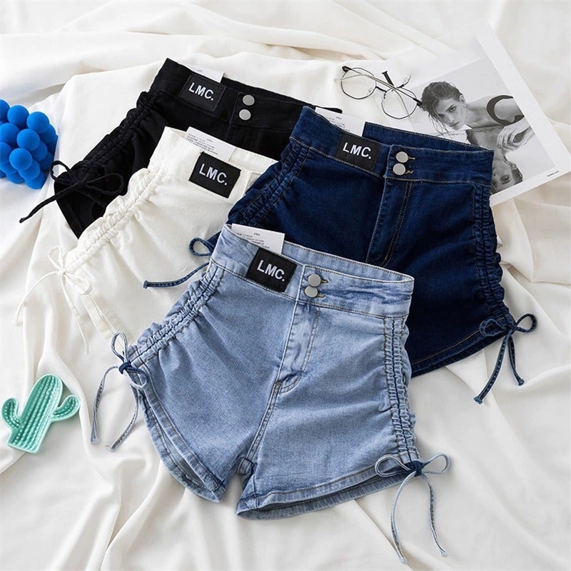 Leather Brand Drawstring Lace Pure Pants High Waist Ultra-Short Denim Shorts Women'S Korean Style Spring And Arrival Word All-Match - Image 3