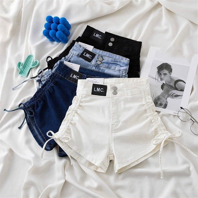 Leather Brand Drawstring Lace Pure Pants High Waist Ultra-Short Denim Shorts Women'S Korean Style Spring And Arrival Word All-Match - Image 5
