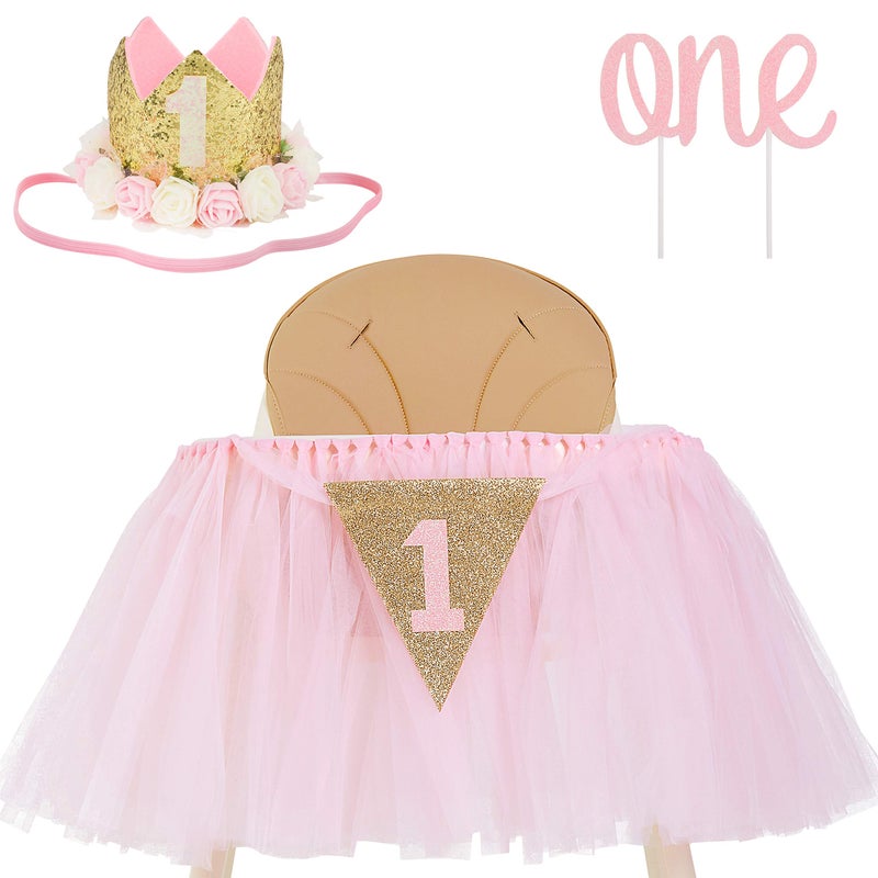 PartyHooman 1st Birthday Girl Decoration High Chair Tutu Skirt WITH No.1 Crown -1st Birthday Decorations Cake Smash for Baby Girls - First Birthday Banner, Princess Crown and 'ONE' Cake Topper in Baby Pink n Gold - Image 1