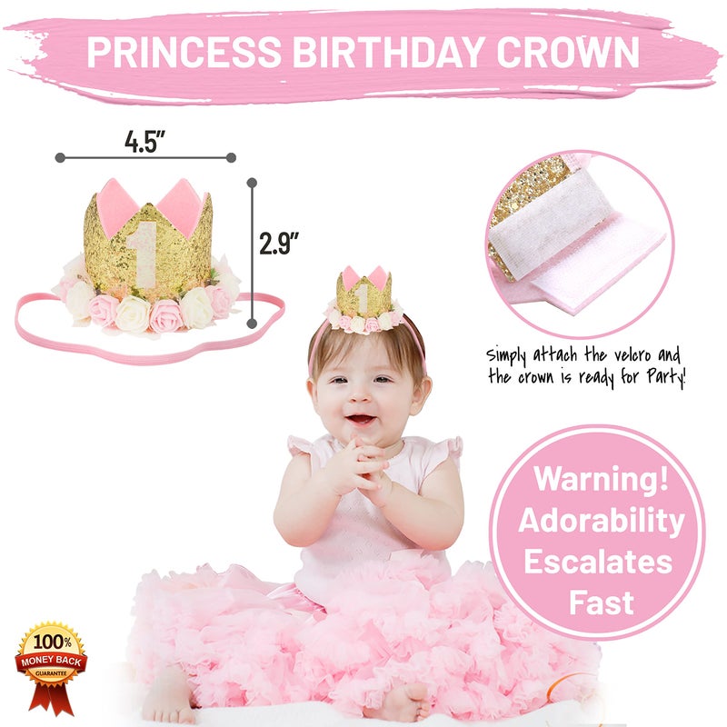 PartyHooman 1st Birthday Girl Decoration High Chair Tutu Skirt WITH No.1 Crown -1st Birthday Decorations Cake Smash for Baby Girls - First Birthday Banner, Princess Crown and 'ONE' Cake Topper in Baby Pink n Gold - Image 3