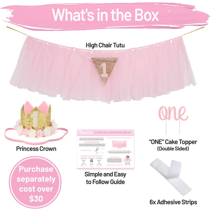 PartyHooman 1st Birthday Girl Decoration High Chair Tutu Skirt WITH No.1 Crown -1st Birthday Decorations Cake Smash for Baby Girls - First Birthday Banner, Princess Crown and 'ONE' Cake Topper in Baby Pink n Gold - Image 5