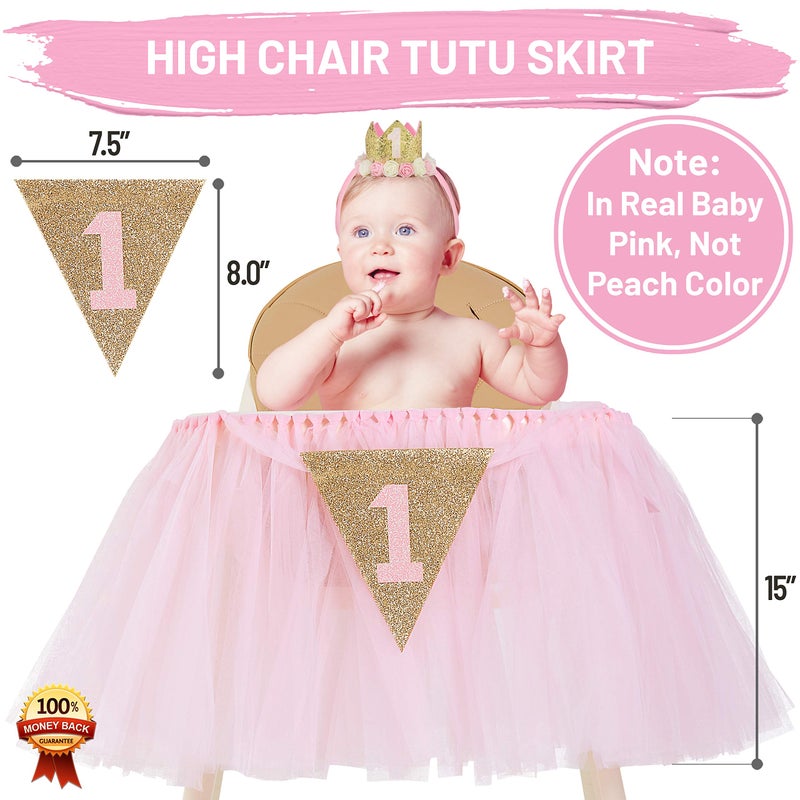 PartyHooman 1st Birthday Girl Decoration High Chair Tutu Skirt WITH No.1 Crown -1st Birthday Decorations Cake Smash for Baby Girls - First Birthday Banner, Princess Crown and 'ONE' Cake Topper in Baby Pink n Gold - Image 2
