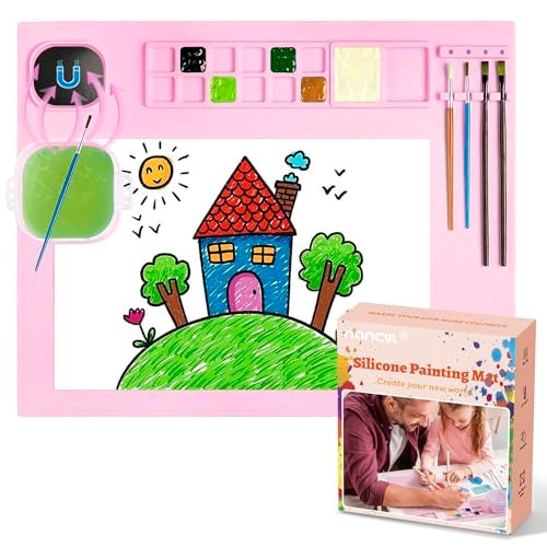 NancyL Silicone Painting Mat, Art Mat with Cup, Craft Paint Brush Cleaner Tool, Artist for Kids Gift Clay DIY Creations, Gift Packaged (Pink) - Image 1