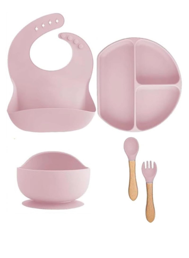 كيلا مجموعة تغذية الطفل من 5 قطع من السيليكون، مجموعة فطام الطفل LED، مستلزمات التغذية للأطفال الصغار، مجموعة هدايا للأطفال حديثي الولادة، طبق سيليكون للأطفال مع فاصل، مغذي للأطفال، مريلة، ملعقة (وردي فاتح) - Image 1