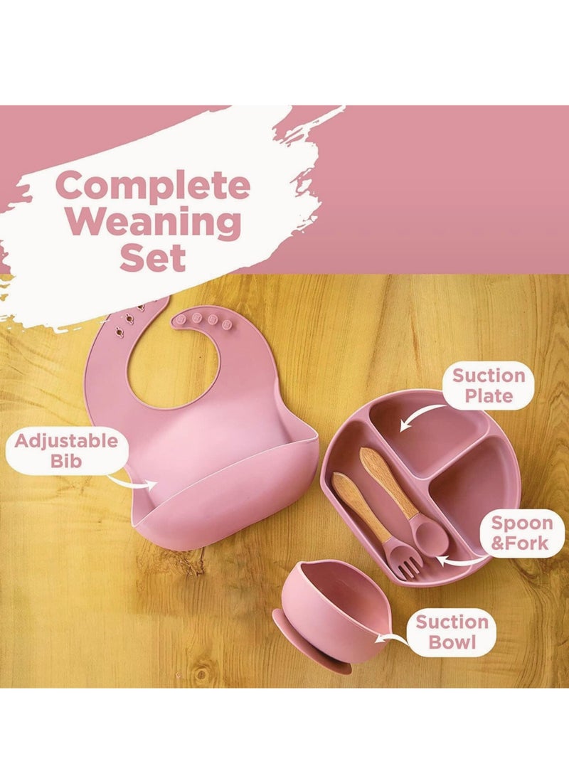 كيلا مجموعة تغذية الطفل من 5 قطع من السيليكون، مجموعة فطام الطفل LED، مستلزمات التغذية للأطفال الصغار، مجموعة هدايا للأطفال حديثي الولادة، طبق سيليكون للأطفال مع فاصل، مغذي للأطفال، مريلة، ملعقة (وردي فاتح) - Image 2