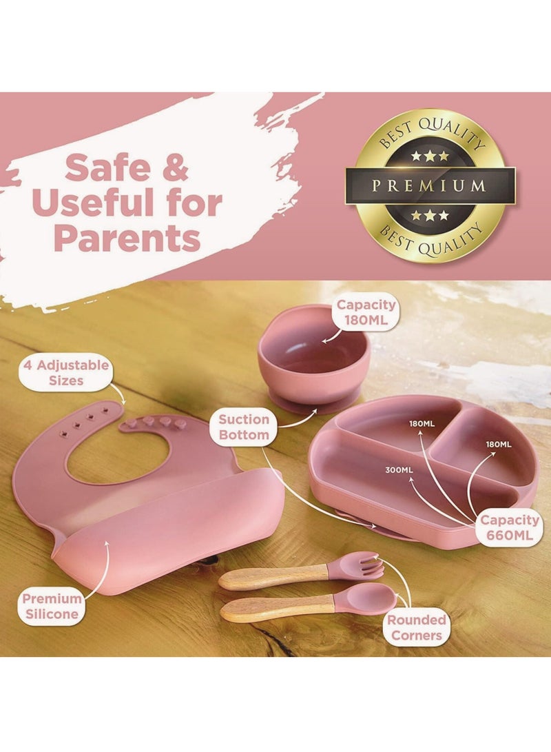كيلا مجموعة تغذية الطفل من 5 قطع من السيليكون، مجموعة فطام الطفل LED، مستلزمات التغذية للأطفال الصغار، مجموعة هدايا للأطفال حديثي الولادة، طبق سيليكون للأطفال مع فاصل، مغذي للأطفال، مريلة، ملعقة (وردي فاتح) - Image 3