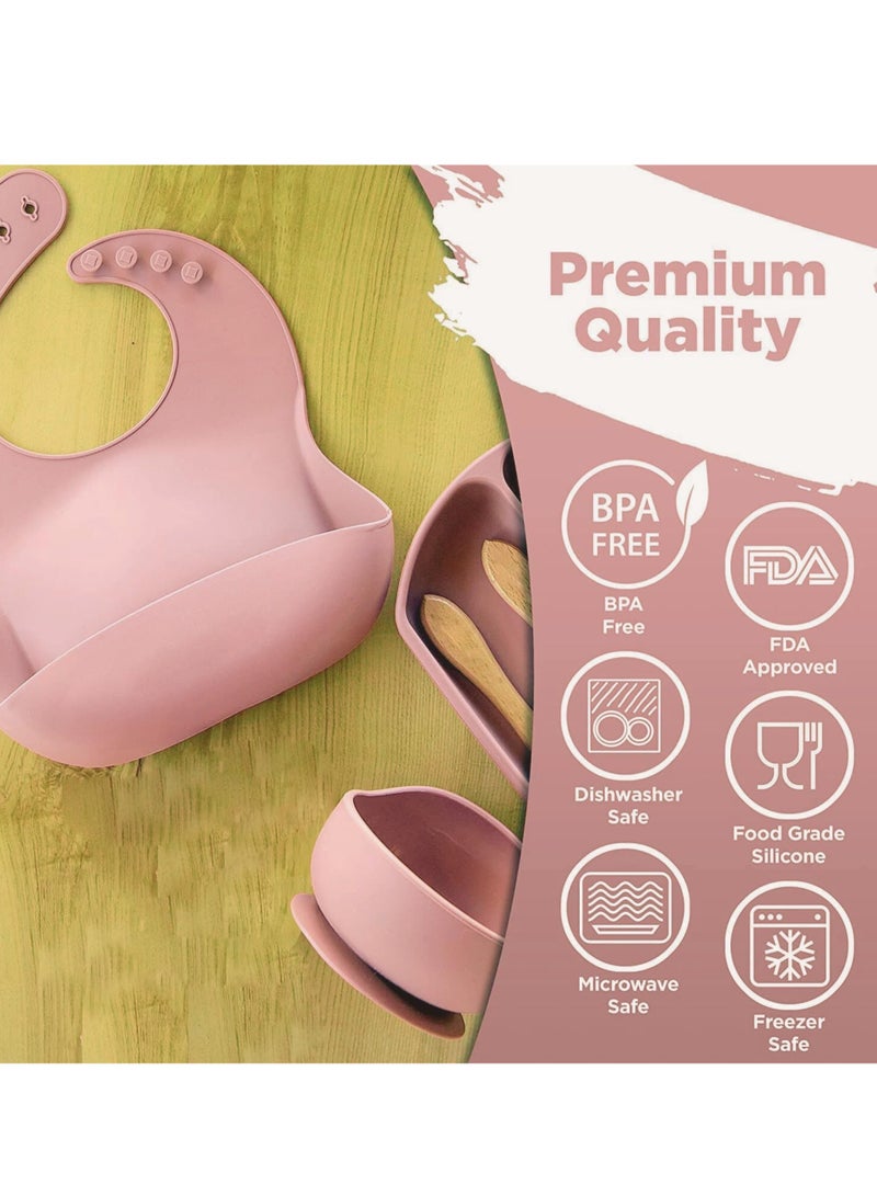 كيلا مجموعة تغذية الطفل من 5 قطع من السيليكون، مجموعة فطام الطفل LED، مستلزمات التغذية للأطفال الصغار، مجموعة هدايا للأطفال حديثي الولادة، طبق سيليكون للأطفال مع فاصل، مغذي للأطفال، مريلة، ملعقة (وردي فاتح) - Image 4
