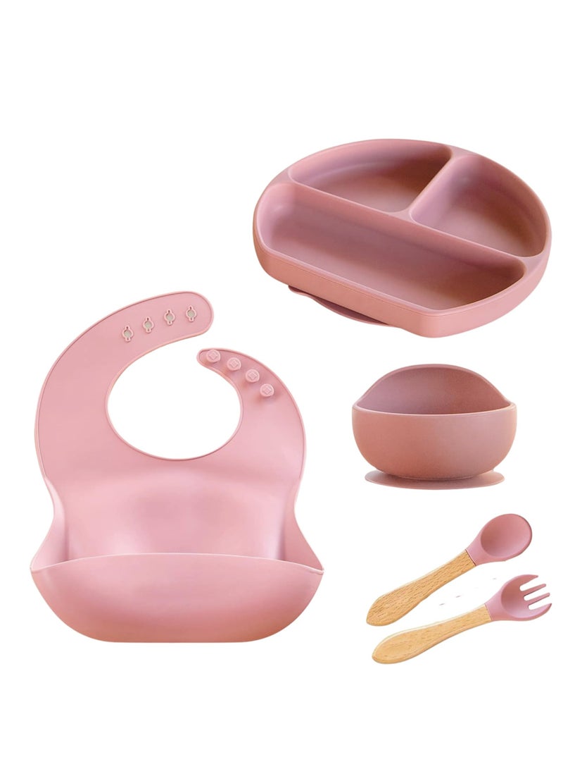 كيلا مجموعة تغذية الطفل من 5 قطع من السيليكون، مجموعة فطام الطفل LED، مستلزمات التغذية للأطفال الصغار، مجموعة هدايا للأطفال حديثي الولادة، طبق سيليكون للأطفال مع فاصل، مغذي للأطفال، مريلة، ملعقة (وردي فاتح) - Image 5