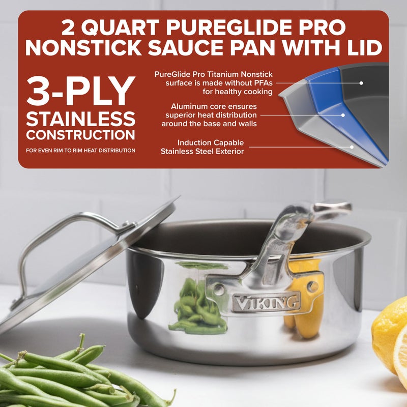 Viking PureGlide Pro 3-Ply Nonstick Sauce Pan, Made without PFAS, 2-Quart Induction Cooking Pot with Lid, Metal Utensil Safe Titanium Nonstick Surface, Oven Safe to 600F - Image 2