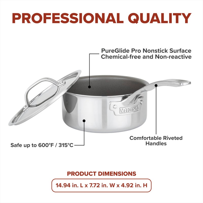 Viking PureGlide Pro 3-Ply Nonstick Sauce Pan, Made without PFAS, 2-Quart Induction Cooking Pot with Lid, Metal Utensil Safe Titanium Nonstick Surface, Oven Safe to 600F - Image 5