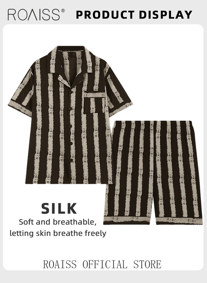 roaiss 2 Piece Casual Pajamas Set for Men Thin Lapel Collar Satin Short Sleeve Loungewear Involves Top and Shorts Men's Loose Fit Comfy Breathable Sleep Wear Sets with Stripe Print - Image 4