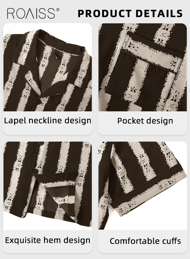 roaiss 2 Piece Casual Pajamas Set for Men Thin Lapel Collar Satin Short Sleeve Loungewear Involves Top and Shorts Men's Loose Fit Comfy Breathable Sleep Wear Sets with Stripe Print - Image 5