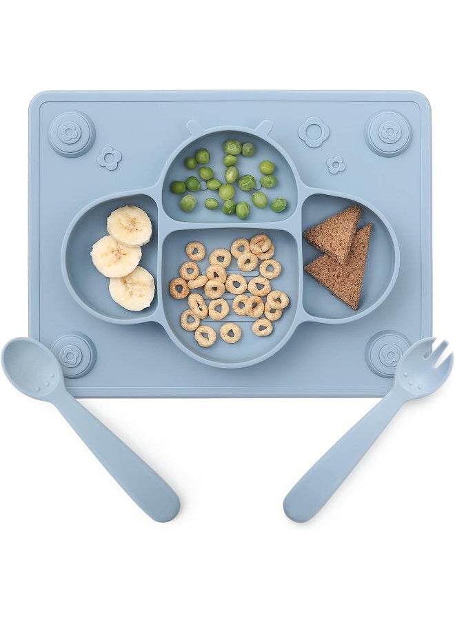 ROCCED [Upgraded] Suction Plates for Baby placemat Spoon Fork Set for Toddlers, Silicone Baby Plates with Suction Baby Dishes for Kids Plates-Dusty blue - Image 1