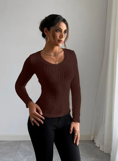 تايك تو بلوزة بتفاصيل محبوكة مضلعة بأكمام طويلة