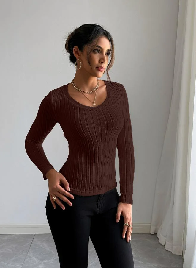 تايك تو بلوزة بتفاصيل محبوكة مضلعة بأكمام طويلة