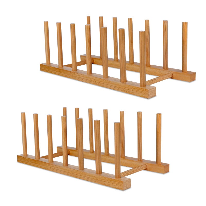 SAMEBUTECO Bamboo Wooden Dish Racks Plate Stand Holder Vertical Drainer Kitchen Cabinet Organizer for Dish, Pots, Lids, Bowls, Cups, and Cutting Boards and Books(2 Packs) - Image 1
