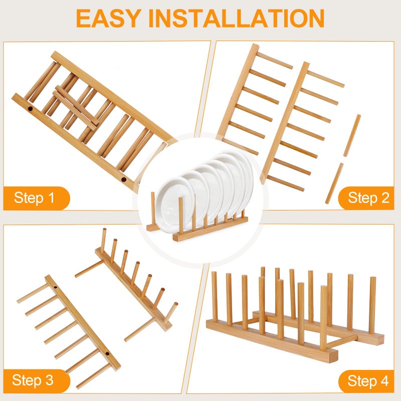 SAMEBUTECO Bamboo Wooden Dish Racks Plate Stand Holder Vertical Drainer Kitchen Cabinet Organizer for Dish, Pots, Lids, Bowls, Cups, and Cutting Boards and Books(2 Packs) - Image 3