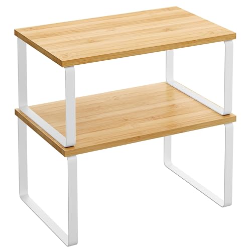 SONGMICS SONGMICS Cabinet Organizer Shelf Set of 2 Kitchen Counter Shelves Kitchen Storage Spice Rack Stackable Expandable Metal and Engineered Wood Cloud White and Natural Beige UKCS02NW