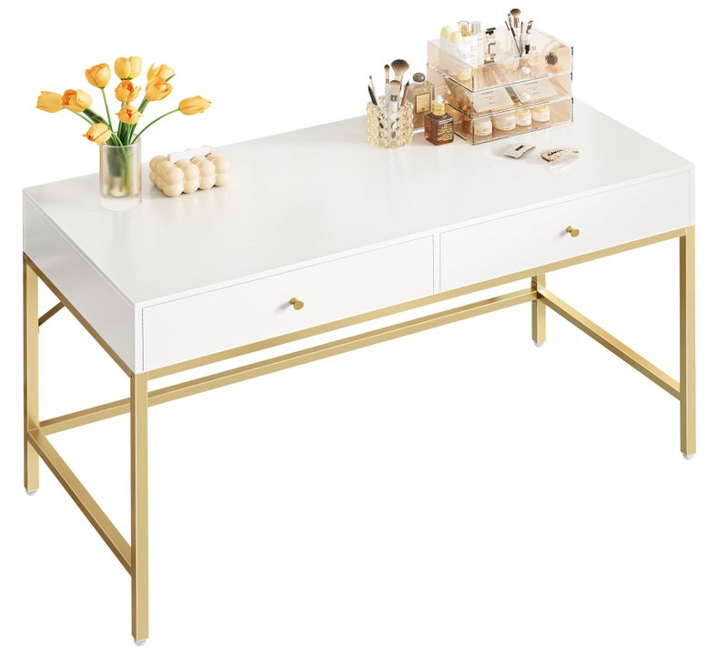 SUPERJARE Vanity Desk with Drawers 47 inch Computer Desk Modern Simple Home Office Desks Makeup Dressing Table for Bedroom  White and Gold