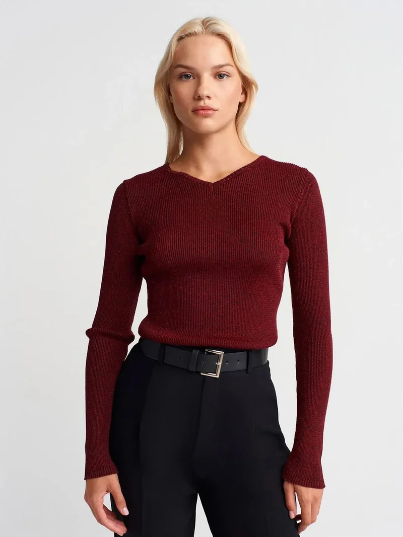 ديلفين Dilvin Women's Slim Fit V-Neck Ribbed Sweater