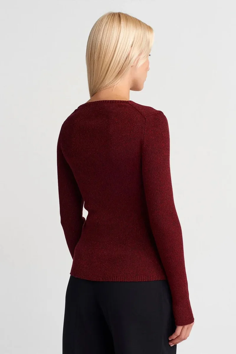 Dilvin Burgundy Red DILVIN Women's Slim Fit V-Neck Ribbed Sweater for Women | Best Price UAE
