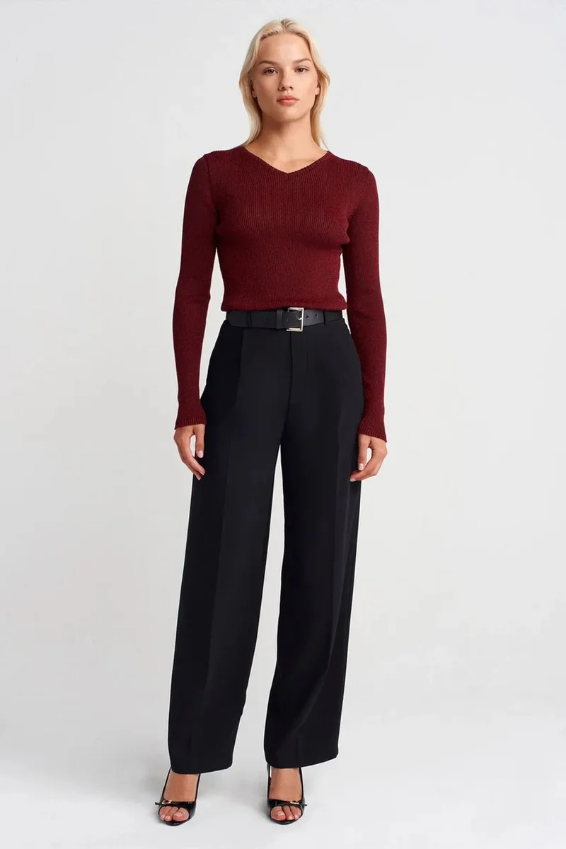 Dilvin Burgundy Red DILVIN Women's Slim Fit V-Neck Ribbed Sweater for Women | Best Price UAE