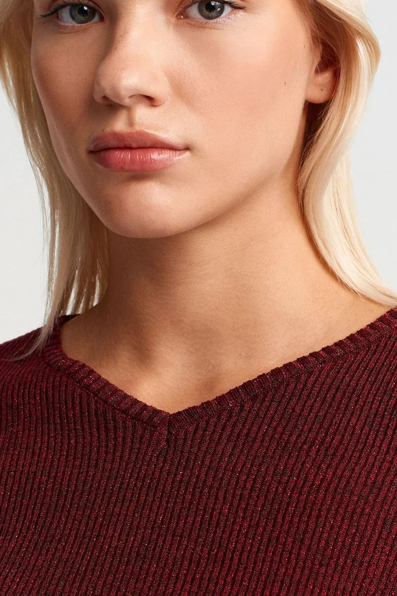 Dilvin Burgundy Red DILVIN Women's Slim Fit V-Neck Ribbed Sweater for Women | Best Price UAE