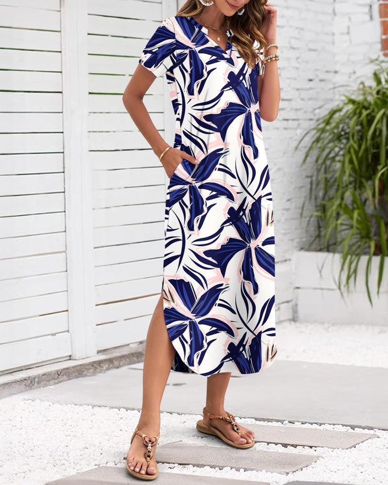 MISFAY Women's Summer Casual Maxi Dress 2026 Short Sleeves V Neck Loose Sundress Split Long Beach T Shirt Dress Vacation Outfits(White Blue Flower,M) - Image 2