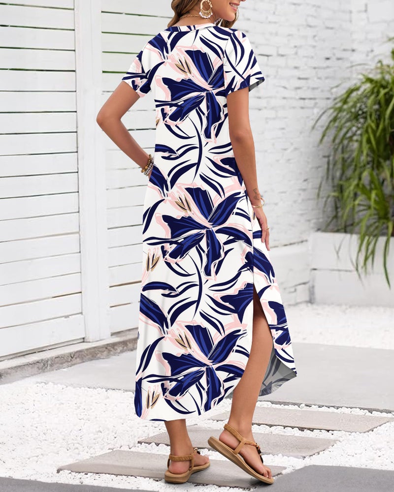 MISFAY Women's Summer Casual Maxi Dress 2026 Short Sleeves V Neck Loose Sundress Split Long Beach T Shirt Dress Vacation Outfits(White Blue Flower,M) - Image 3